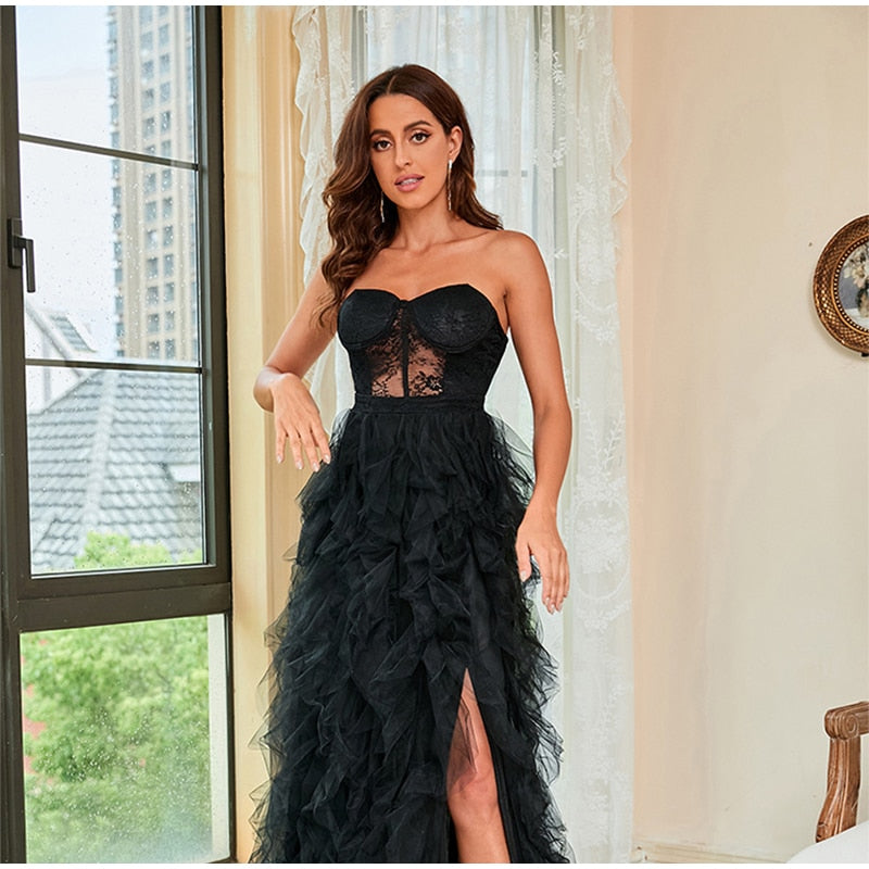 Kissnovaa - Lace Mesh Off Shoulder High Waist Evening Dress