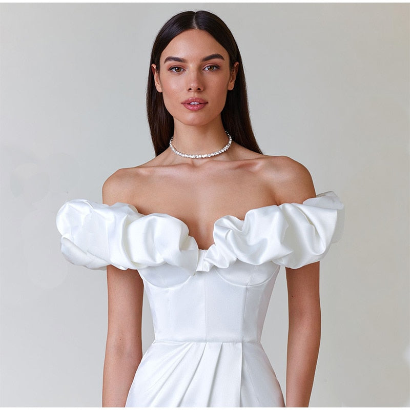 Kissnovaa - One-Shoulder Puff Sleeve Wrap Chest Slit Long Dress