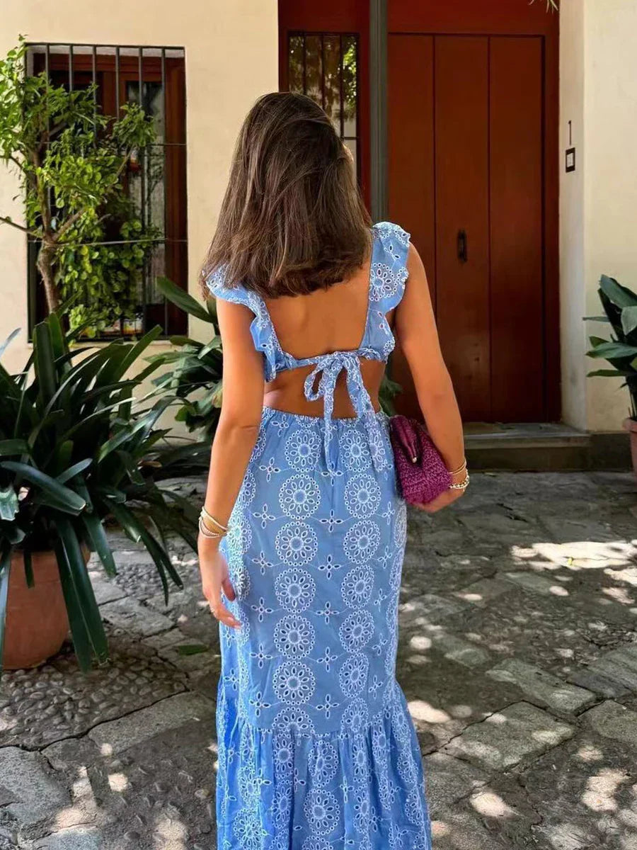 Blue Hollow Out Embroidered Midi Dress Women Summer V Neck Sleeveless Ruffle Long Dresses Refined Fashion Holiday Vestidos