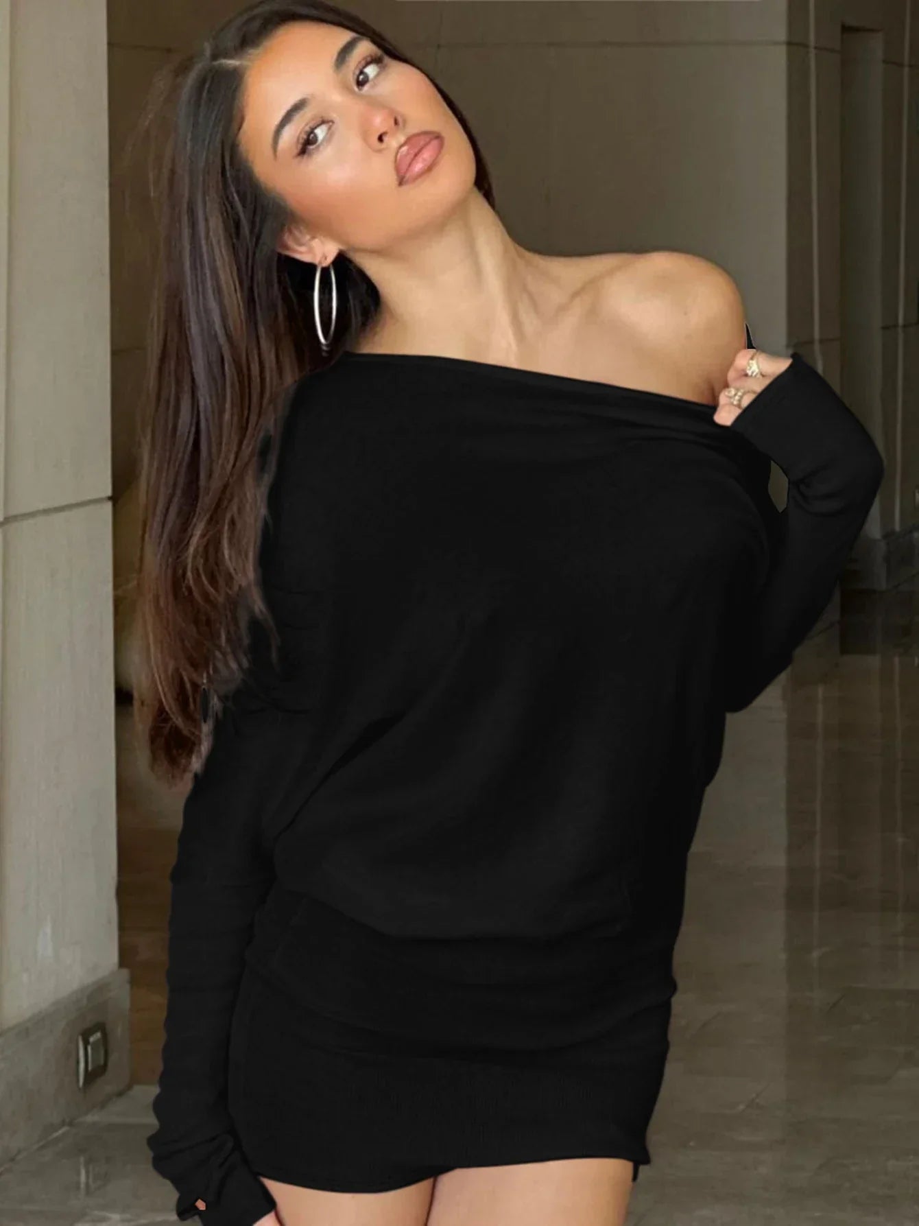 Shoulder Oblique Long Sleeve Mini Dress