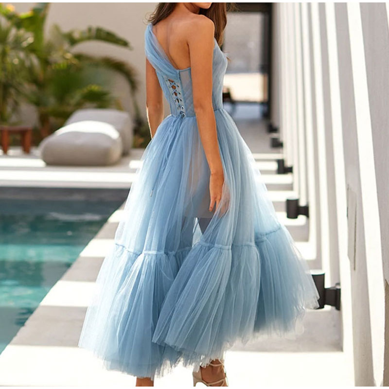 Kissnovaa - One Shoulder Tulle Mesh Evening Party A-Line Tutu Dress