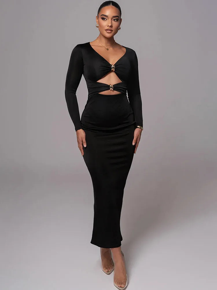 Long Hollow Sleeve Bodycon Midi Dress