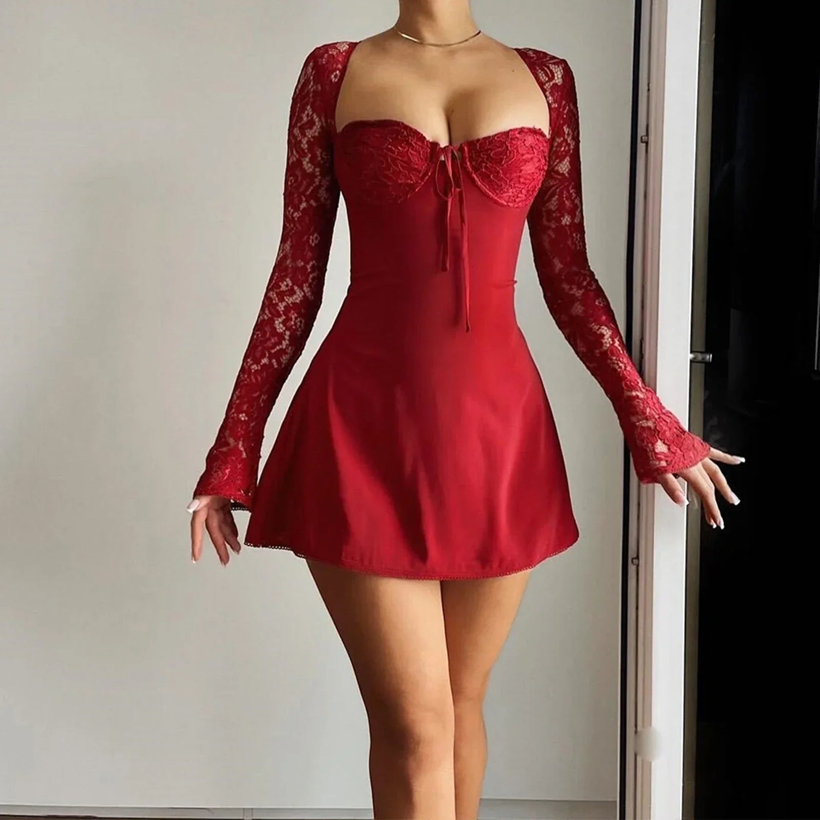 Patchwork Lace Tie Back Long Sleeve Mini Dress
