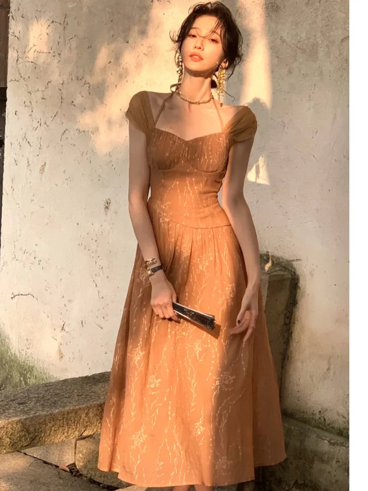 Vintage Midi Dress For Women Summer Sophisticated Prom Evening Party Vestidos Fashion Female Clothing Office Ladies Dresses