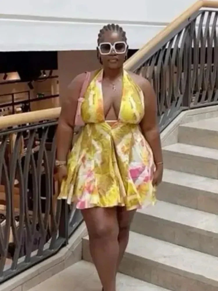 Halter TieDye Ruffle Hem Bandage Mini Dress