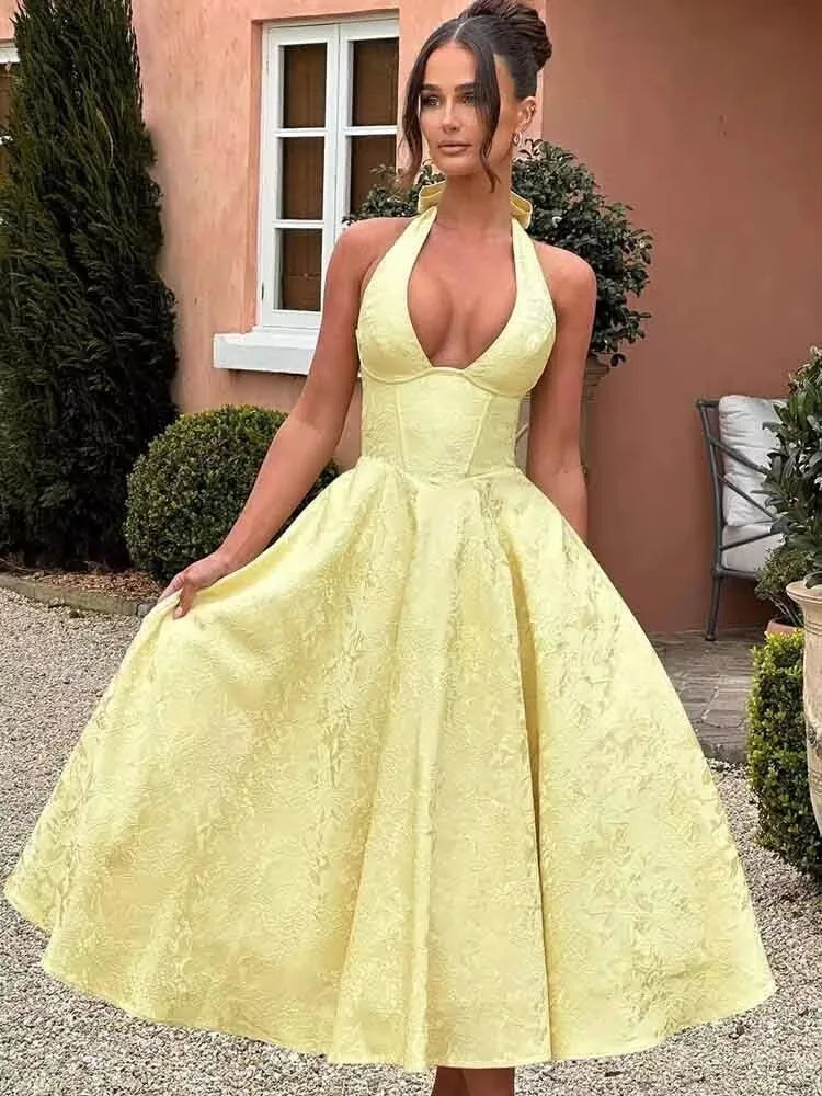 Bow Jacquard Strapless Backless Mini Dress