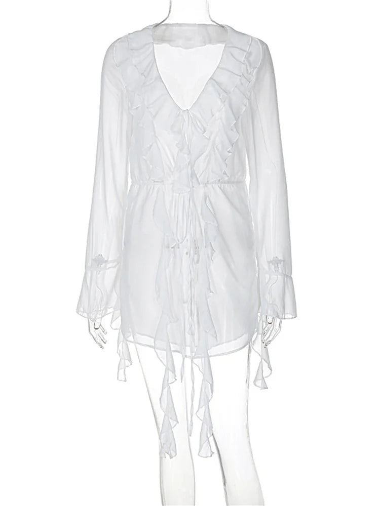 White Ruffled Chic Mini Dress Women's Lace Up See Through Long Sleeve Fashion V Neck Party Dress Female Bandage Mini Dress