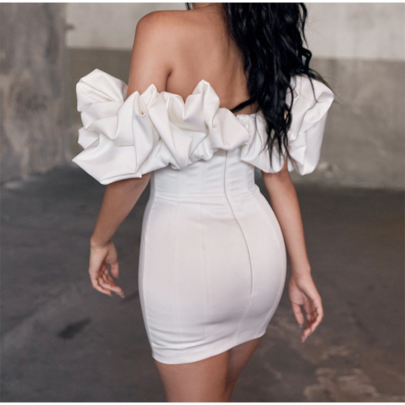 Kissnovaa - Solid Fishbone Off Shoulder Ruffled One-shoulder Mini Dress