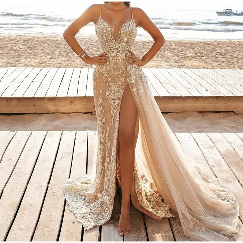 Kissnovaa - Sleeveless V-Neck Slit Lace Cutout Long Dress