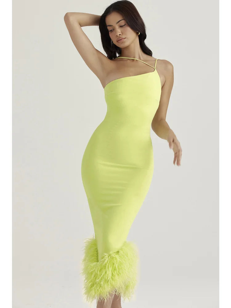 Spaghetti legant Strap Feather Midi Dress