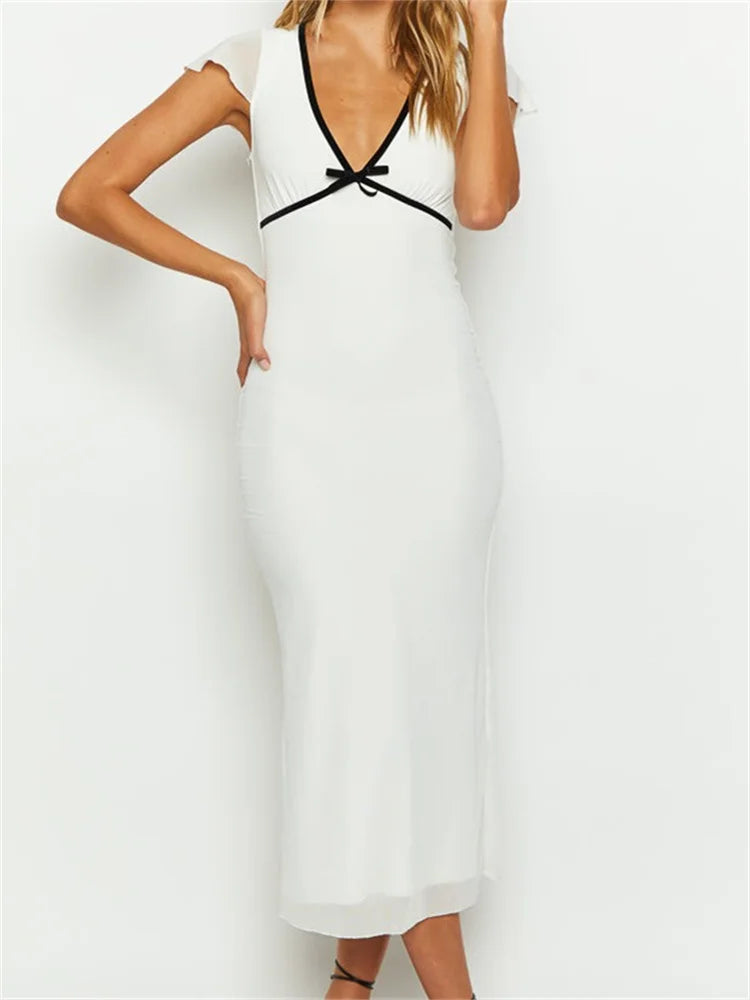 Graceful Summer Skinny White Short Sleeve Deep V Neck Contrast Midi Dress