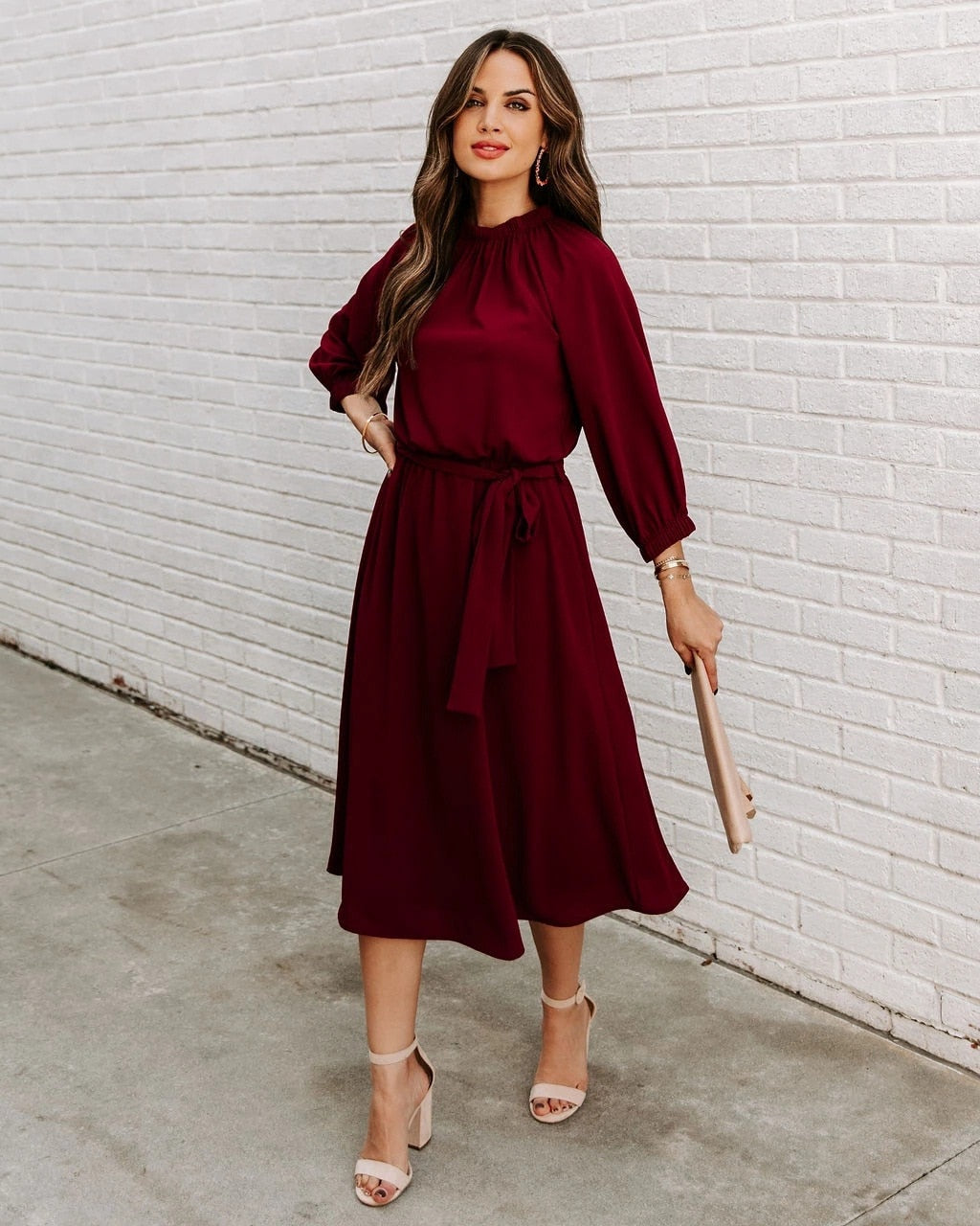 Refined Office Dress Formal Loose Green Long Sleeve Belt ALine Midi Dresses