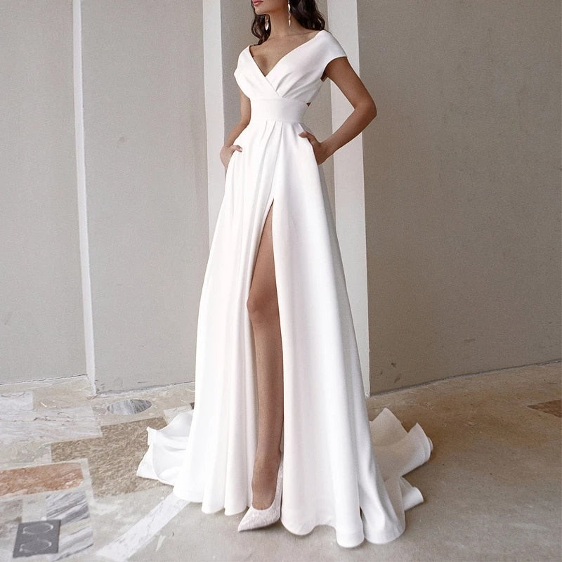 Graceful Casual Women's Dresses Vneck Side Slit Backless White Long Skirt Wedding