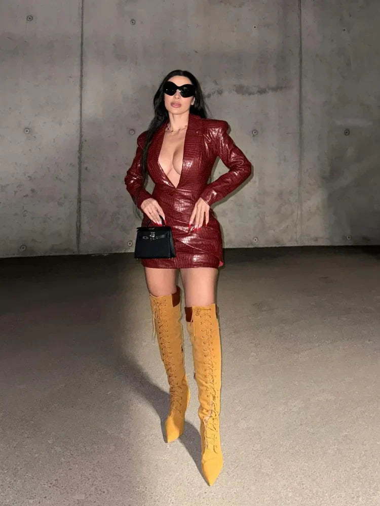 Women Attractive Deep V Red Lattice Leather Mini Dress Fashion Long Sleeve High Waist Fold Slim Dresses Lady Highstreet Short Robe