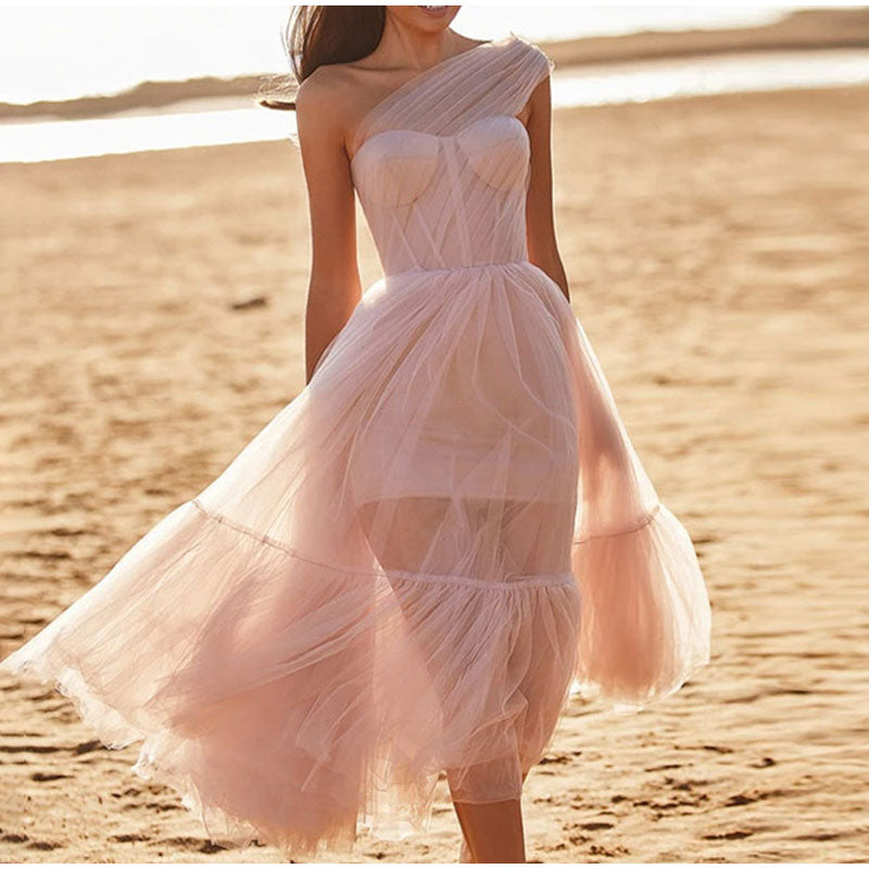 Kissnovaa - One Shoulder Tulle Mesh Evening Party A-Line Tutu Dress