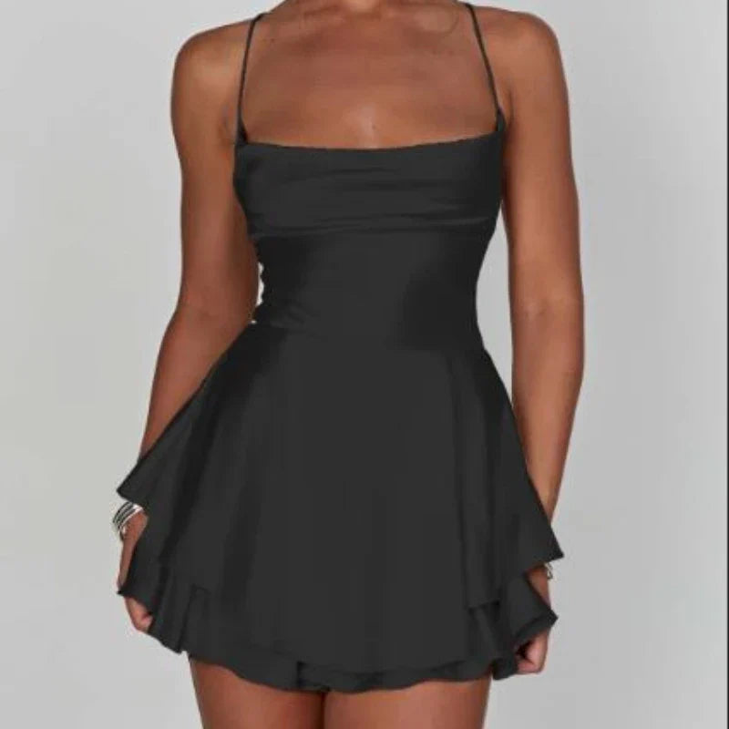 Cowl Satin Neck Tie Back Romper Mini Dress