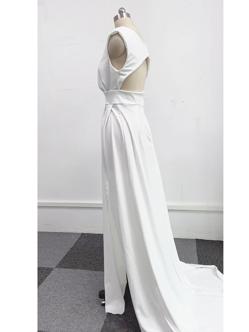 Graceful Casual Women's Dresses Vneck Side Slit Backless White Long Skirt Wedding