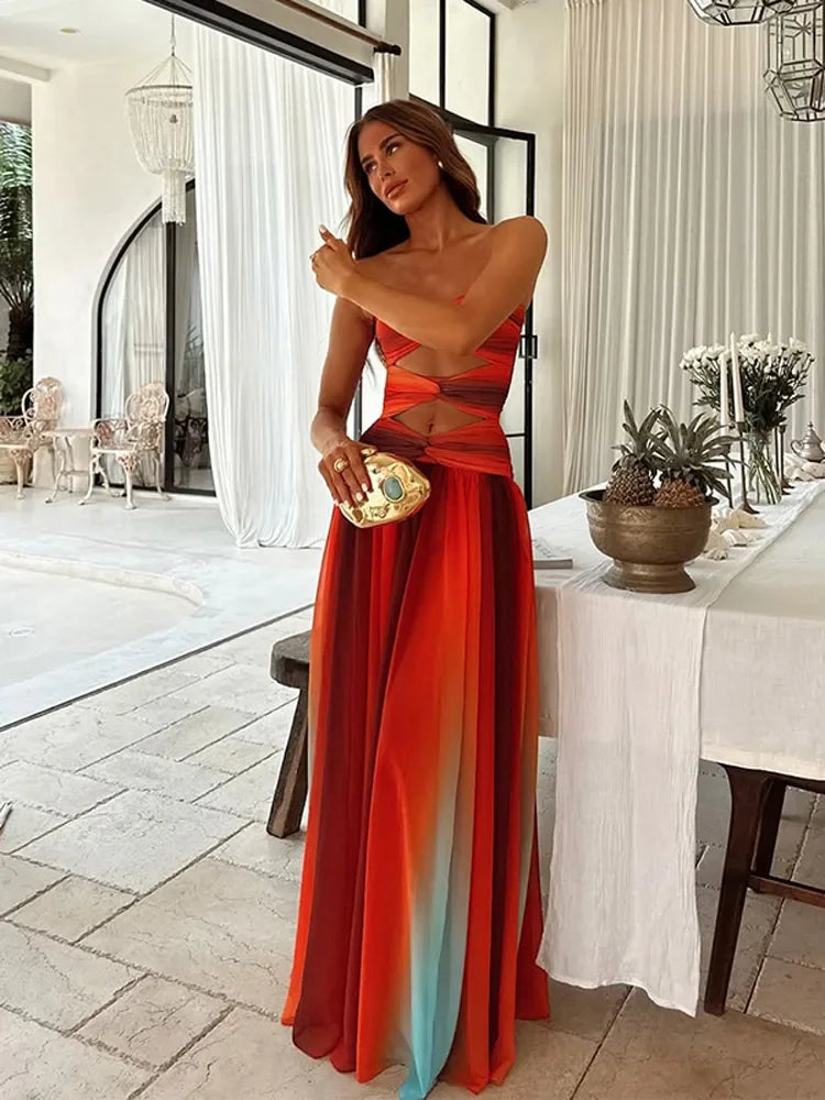 Pleated Gradient Hollow Strap Midi Dress