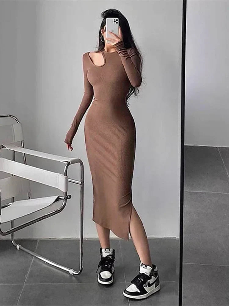 Cut Out Sophisticated Oneck Long Solid Casual Midi Dresses