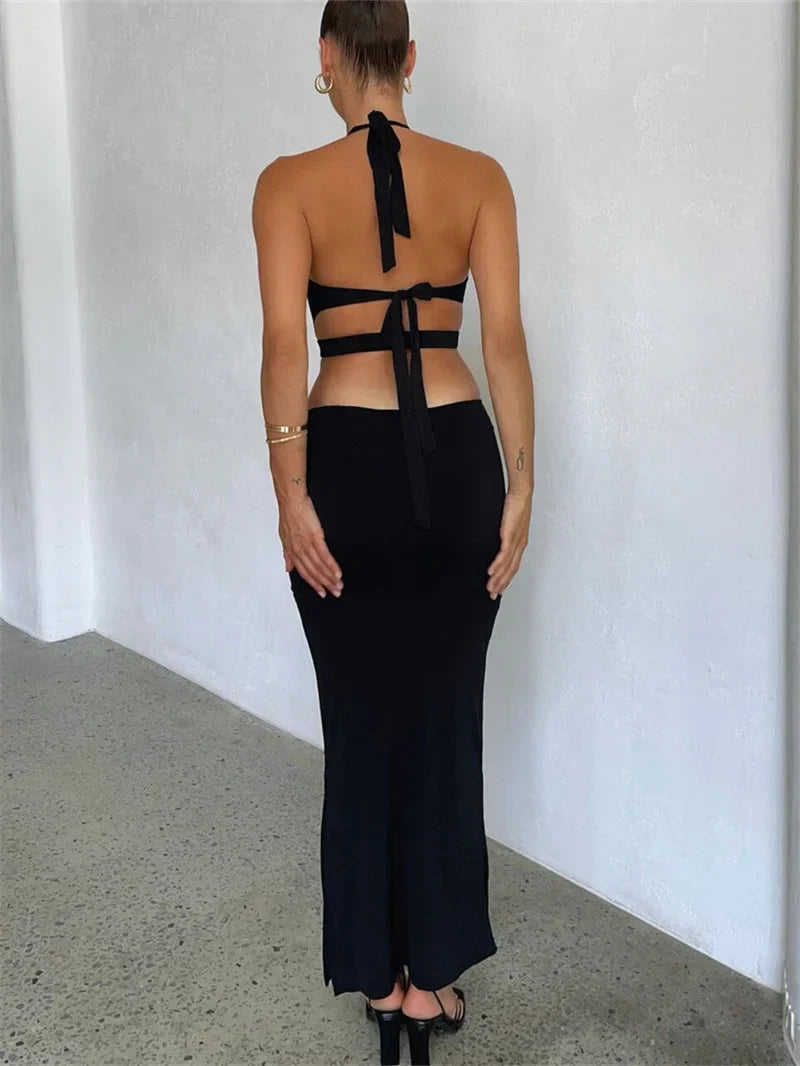 2024 Refined Black Halter Neck Backless Maxi Cut Out Dresses