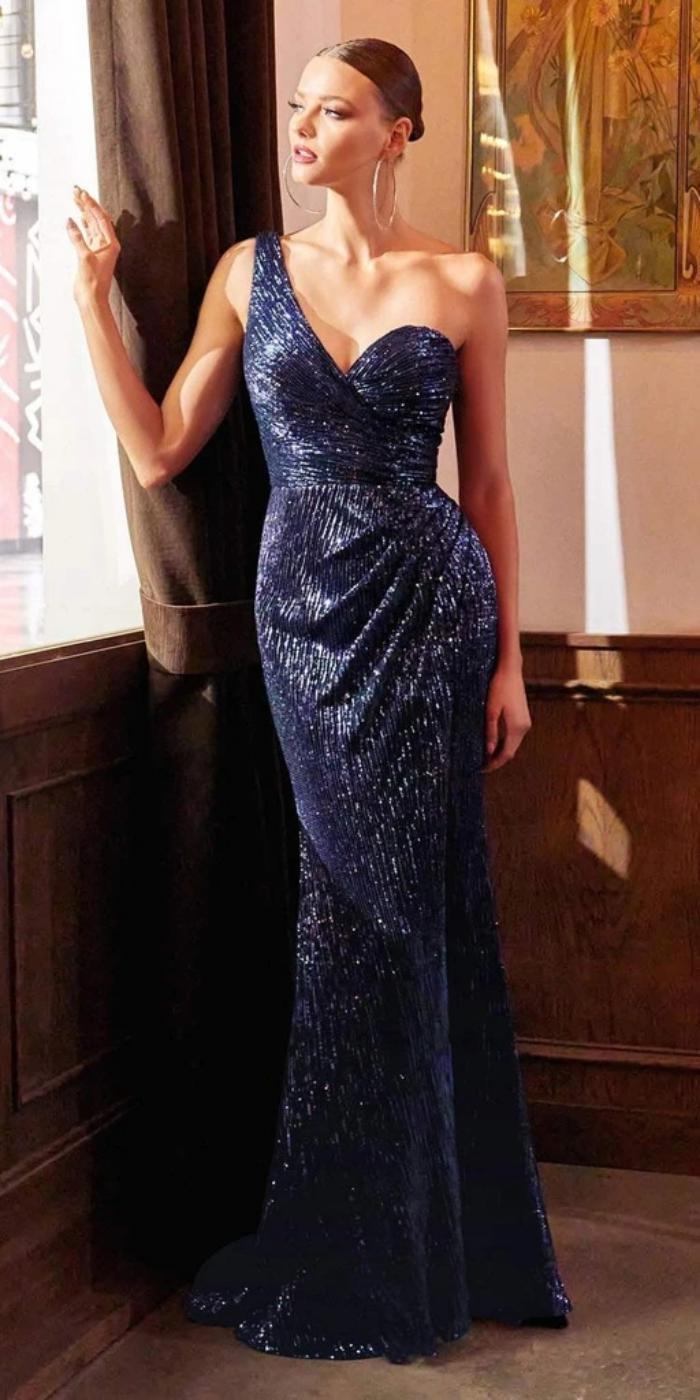 Kissnovaa - Sexy Slim One Shoulder Tube Top Sequins Shinning Long Dress