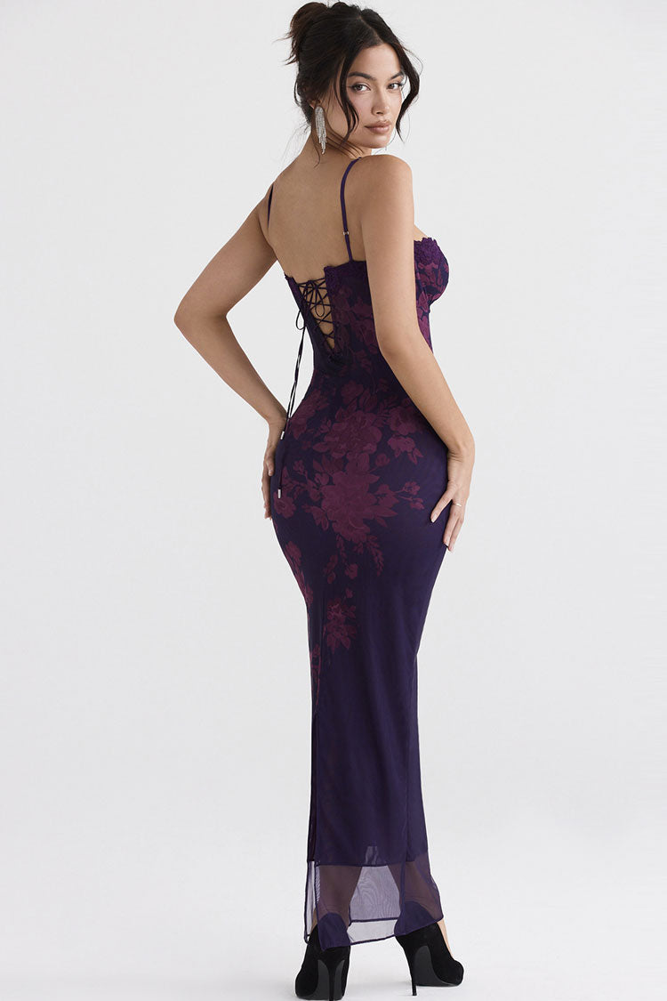 Alluring Sweetheart Bodycon Lace Mesh Sleeveless Printed Maxi Dress - Floral
