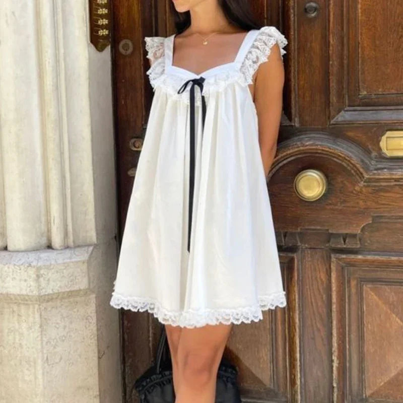 Bow Ribbon Lace Trim ALine Mini Dress