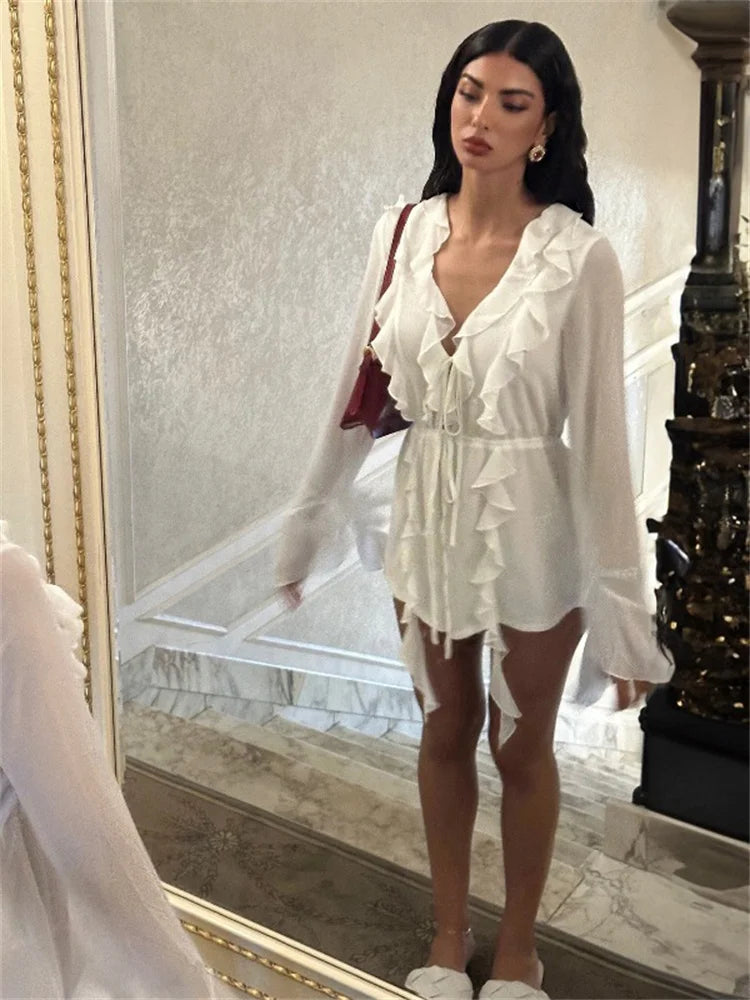 White Ruffled Chic Mini Dress Women's Lace Up See Through Long Sleeve Fashion V Neck Party Dress Female Bandage Mini Dress