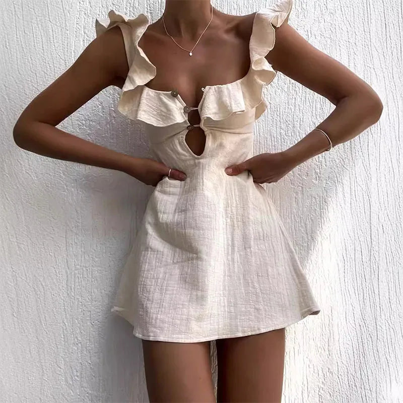 Ruffled Hollow Cotton Beach Gothic Mini Dress