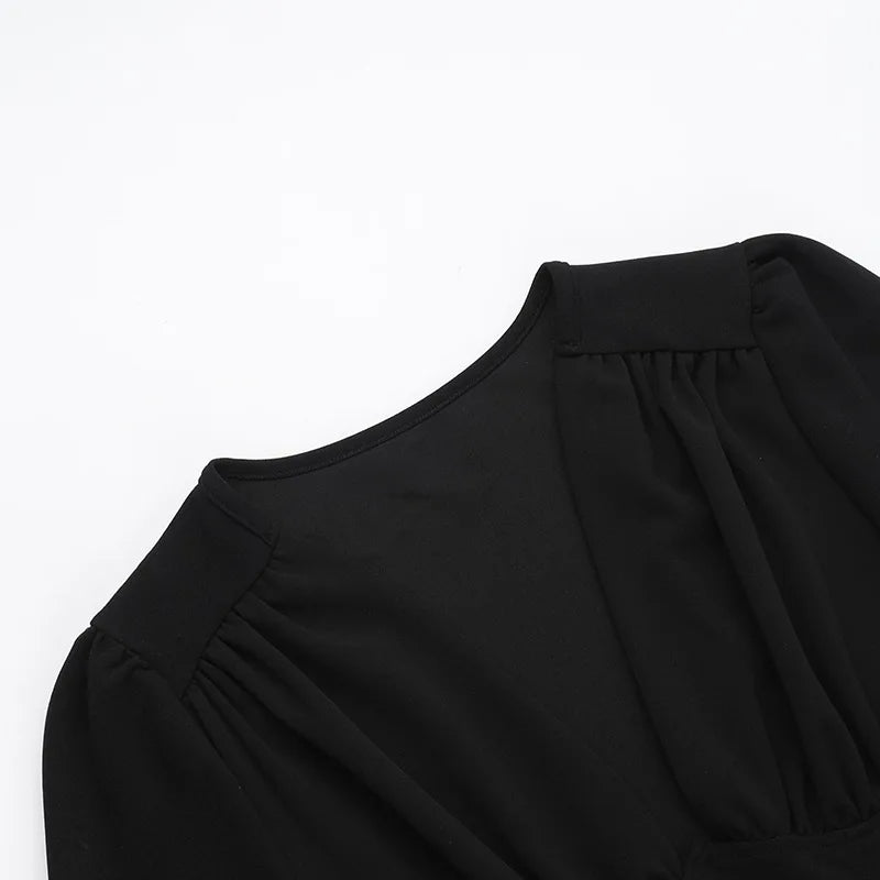 Sexy Low Cut Long Sleeve Pleated Mini Dress Women Graceful Wrap Waist Slim Party Vestido Spring Fall Harajuku Y2K Clothes