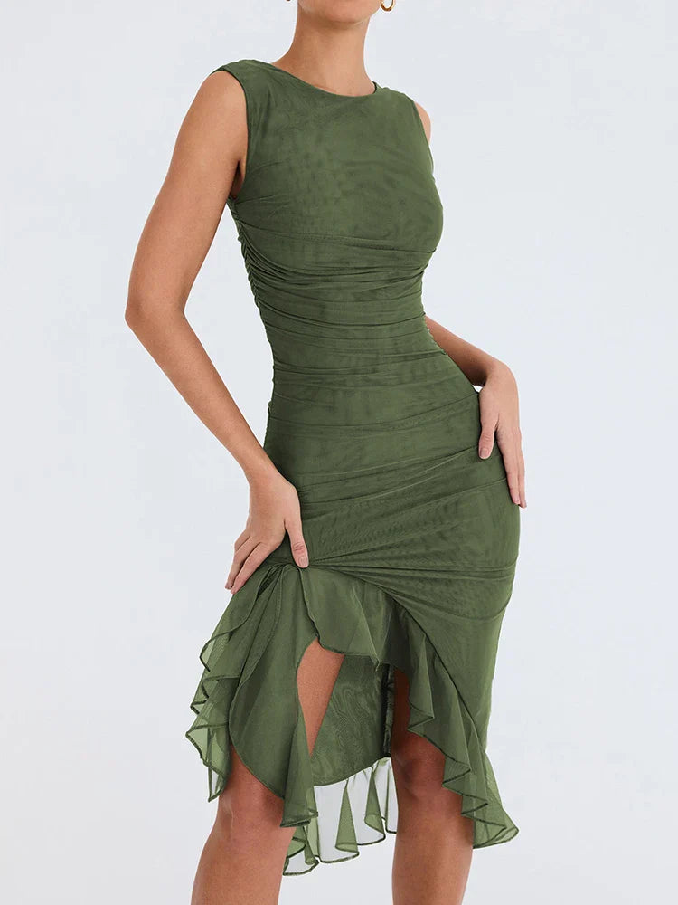Ruched Ruffle Midi Dress