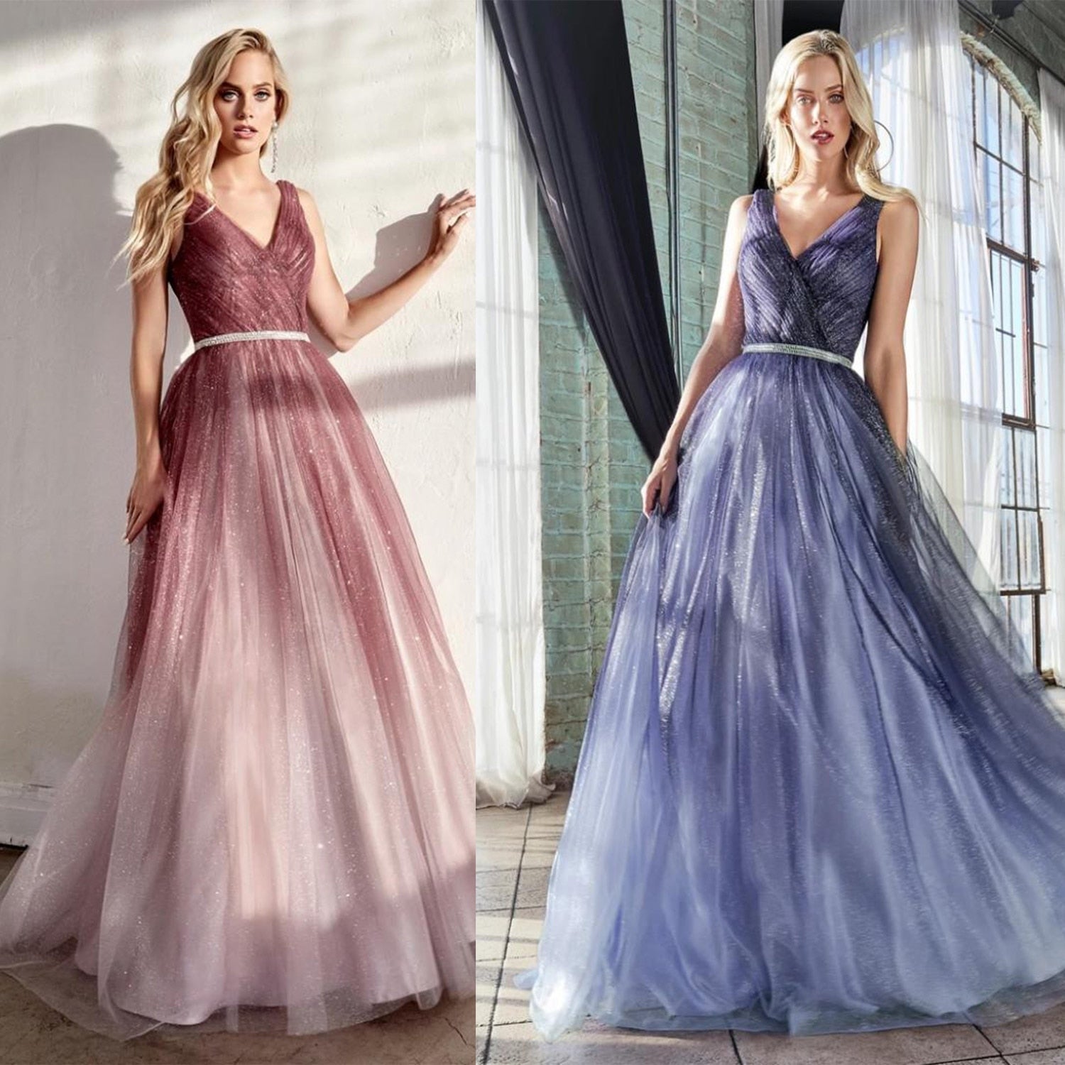 Kissnovaa - Deep V-neck Shiny Tulle Cocktail Dresses
