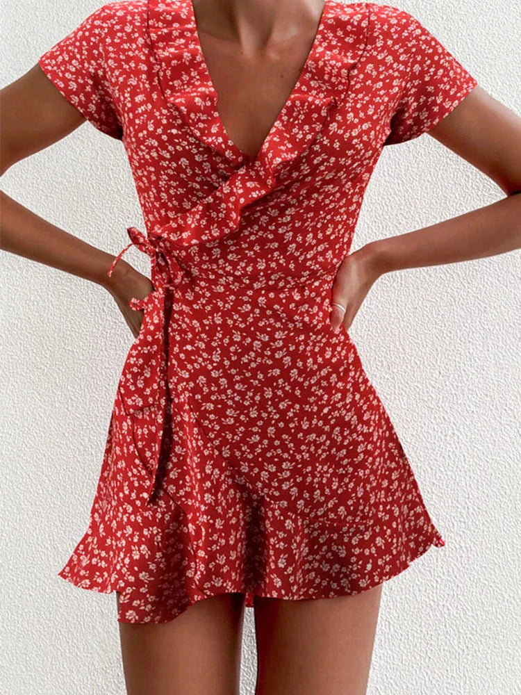 Julia Statement Flower Mini Dress with V Neck and a Line Design Boutique Collection