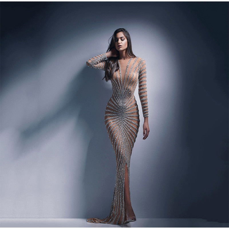 Kissnovaa - Mesh Sequins Split Fishtail V Neck Long Sleeve Maxi Dress