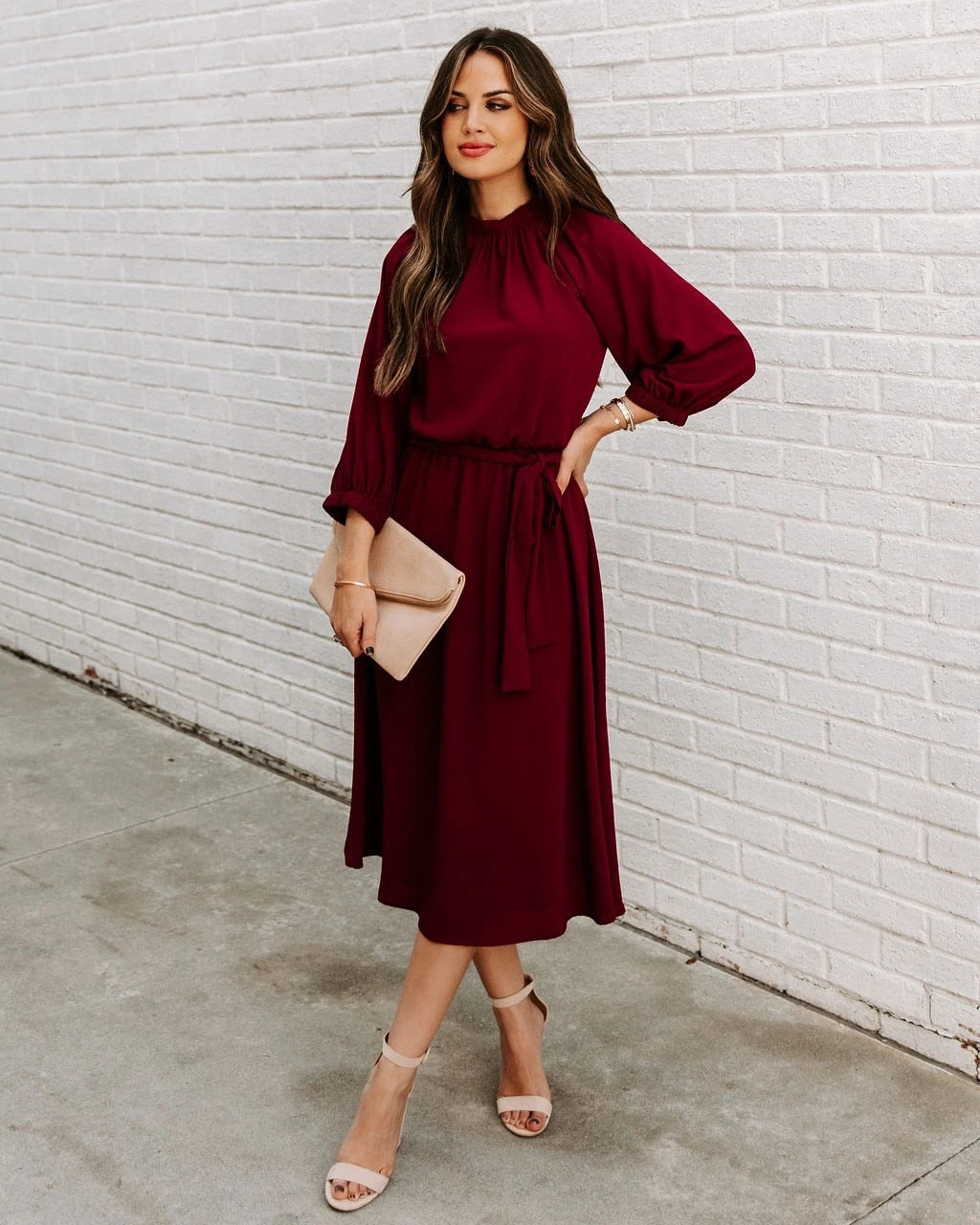 Refined Office Dress Formal Loose Green Long Sleeve Belt ALine Midi Dresses
