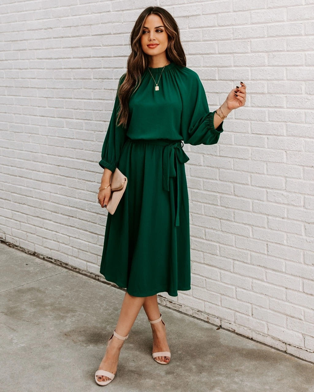 Refined Office Dress Formal Loose Green Long Sleeve Belt ALine Midi Dresses