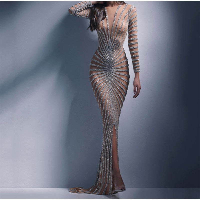 Kissnovaa - Mesh Sequins Split Fishtail V Neck Long Sleeve Maxi Dress