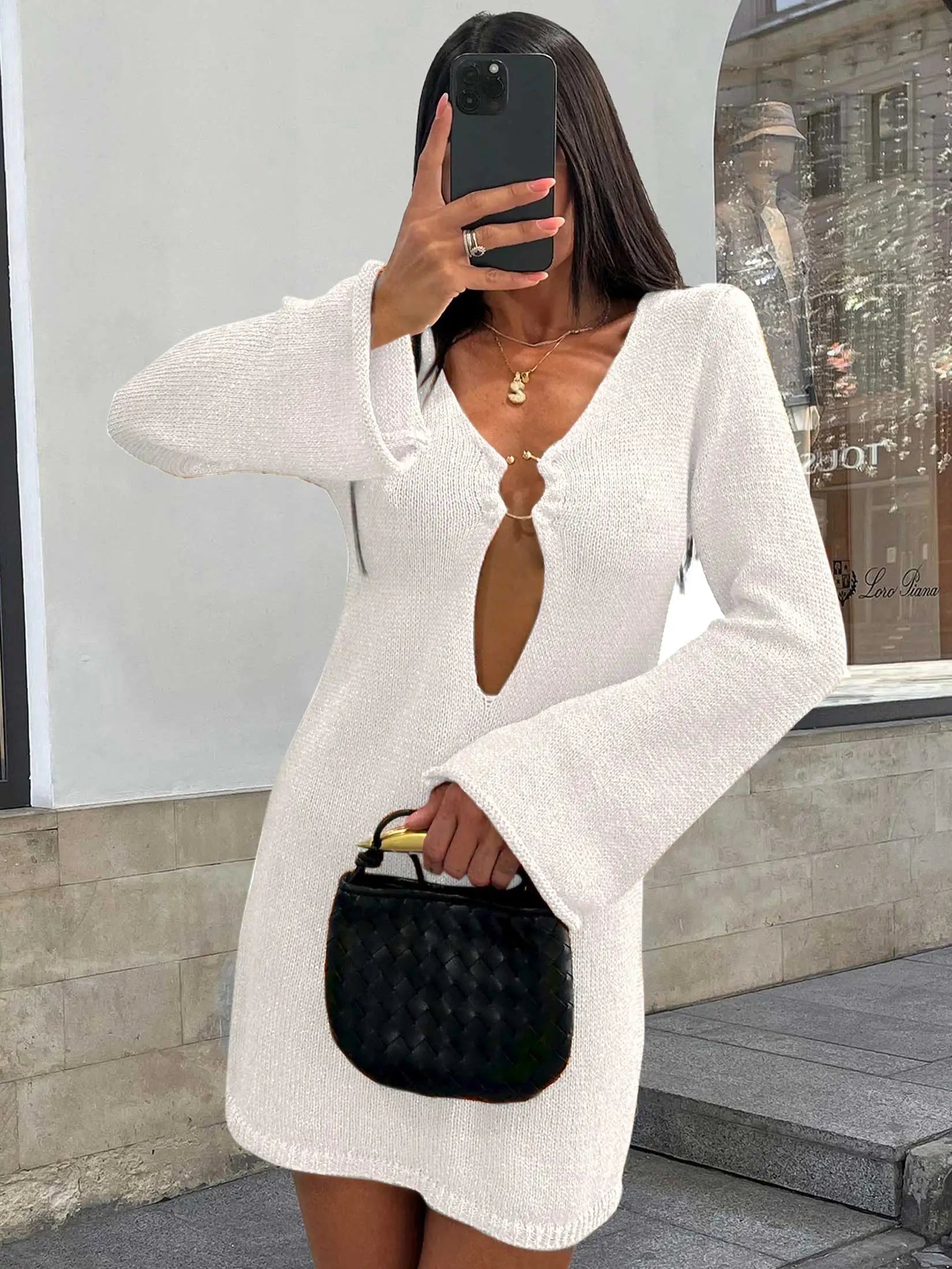 Flared Knitted Sleeve V Neck Mini Dress