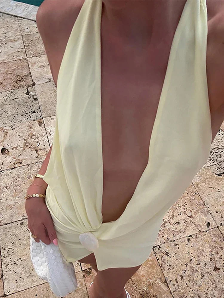 Backless LaceUp V Neck Halter Mini Dress