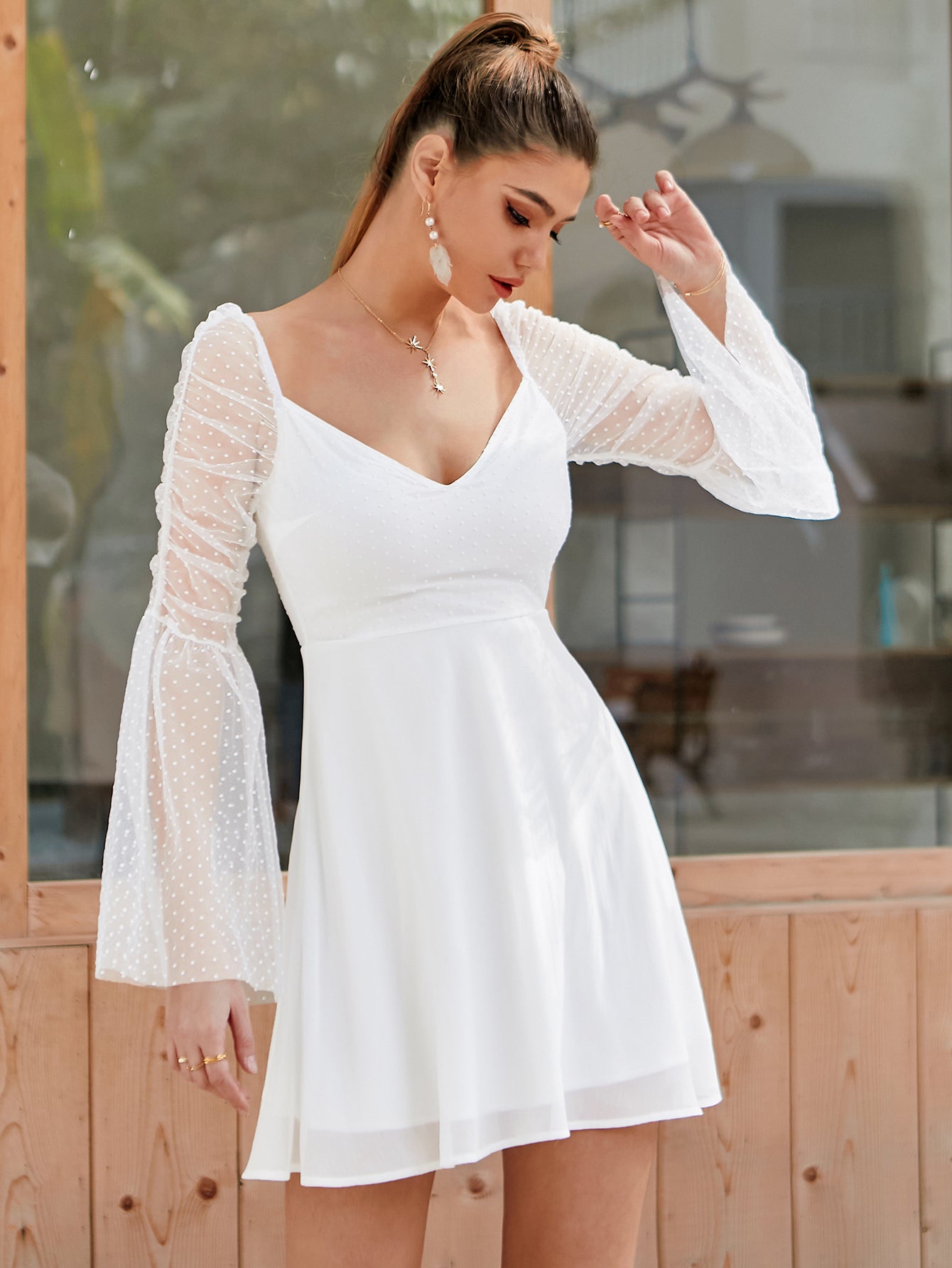 Bell Sheer Sleeve Swiss Dot Dress