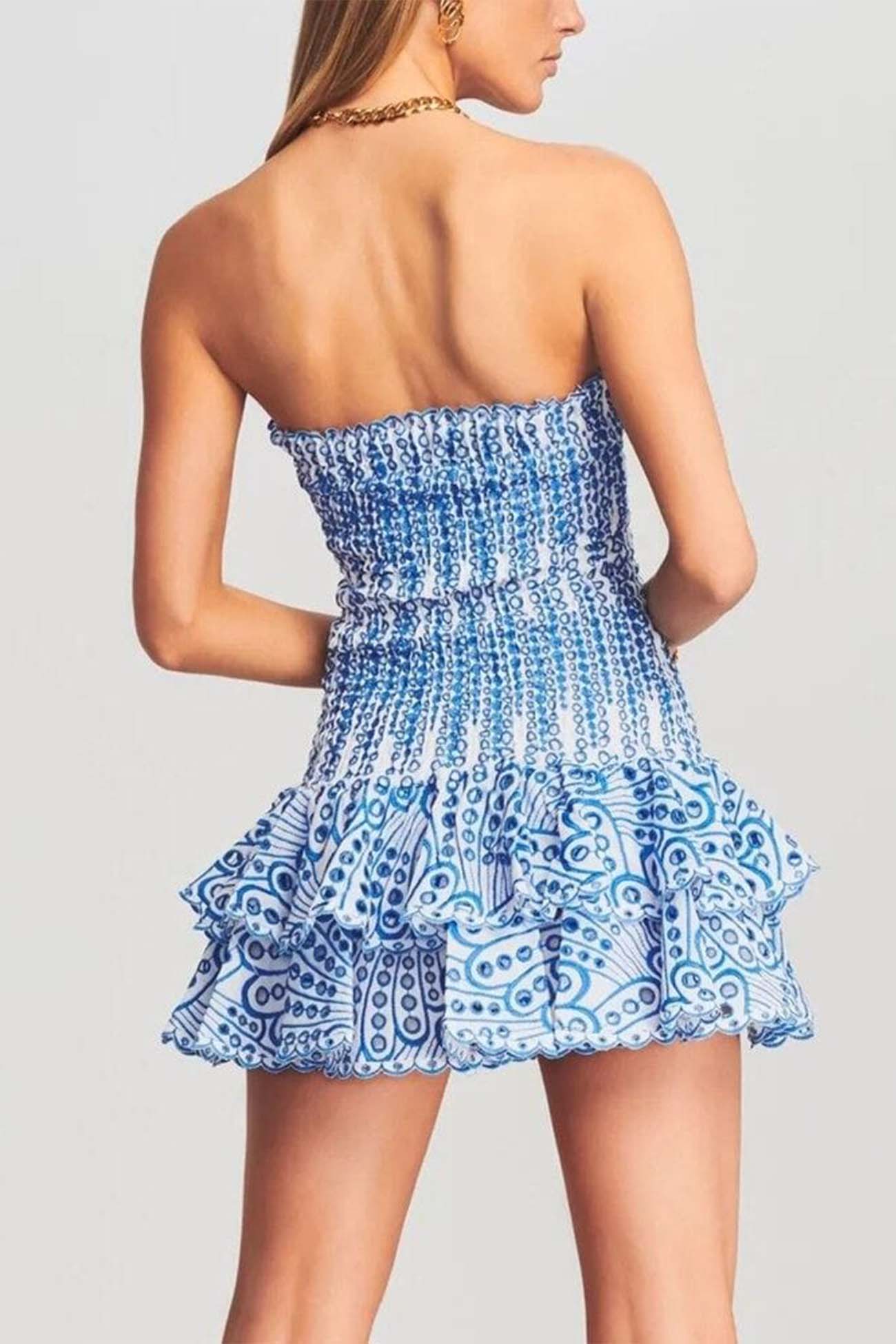 Off-The-Shoulder Shirred Embroidery Tiered Dress