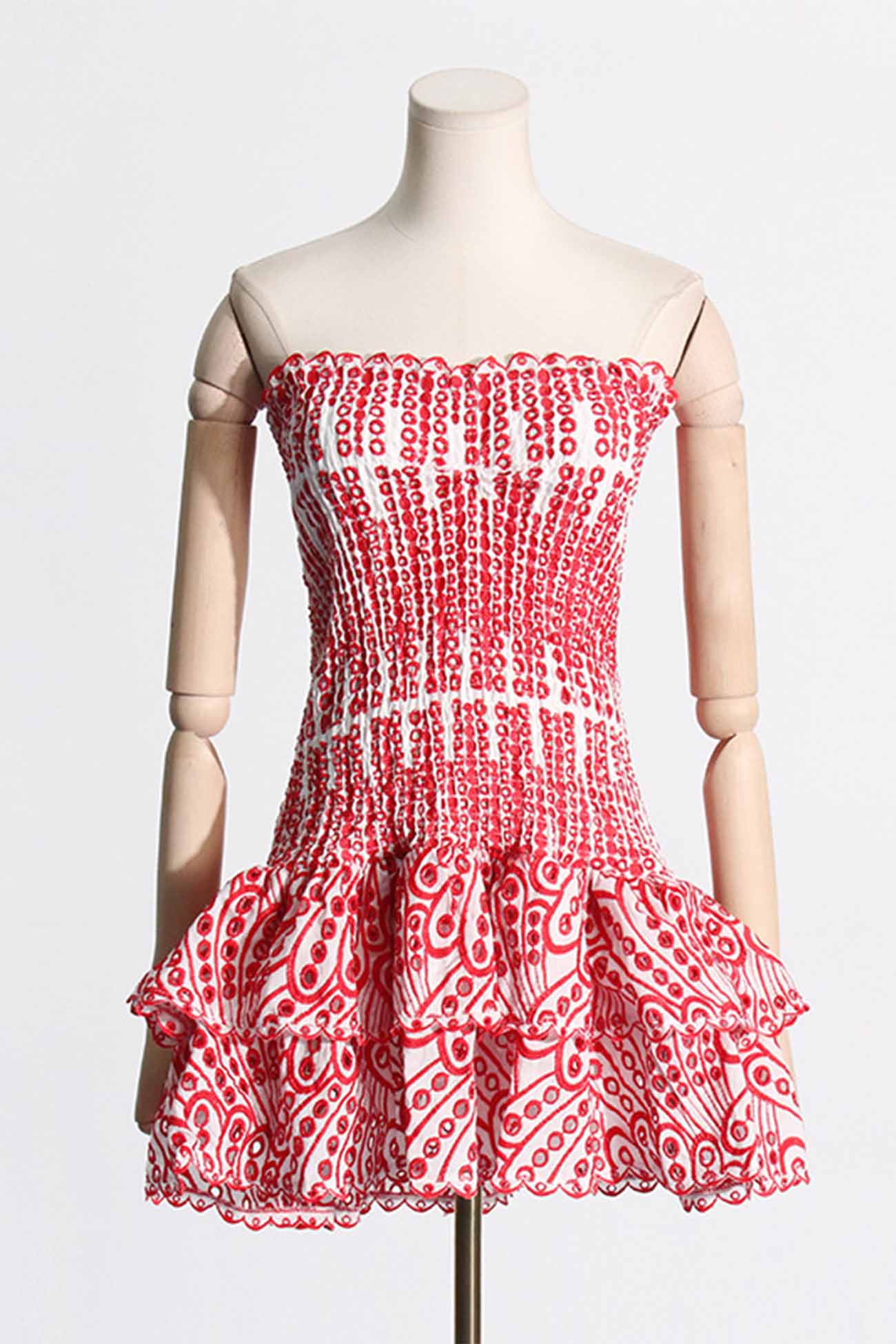 Off-The-Shoulder Shirred Embroidery Tiered Dress