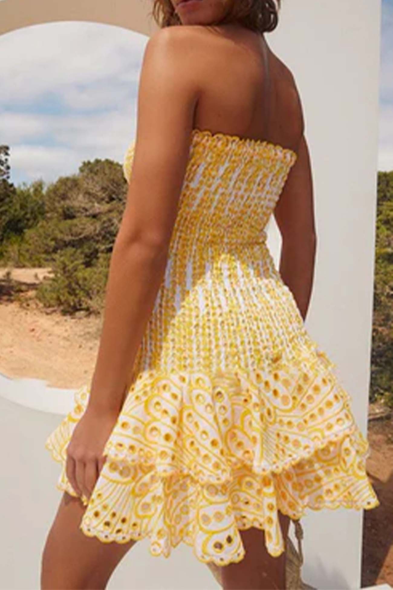 Off-The-Shoulder Shirred Embroidery Tiered Dress