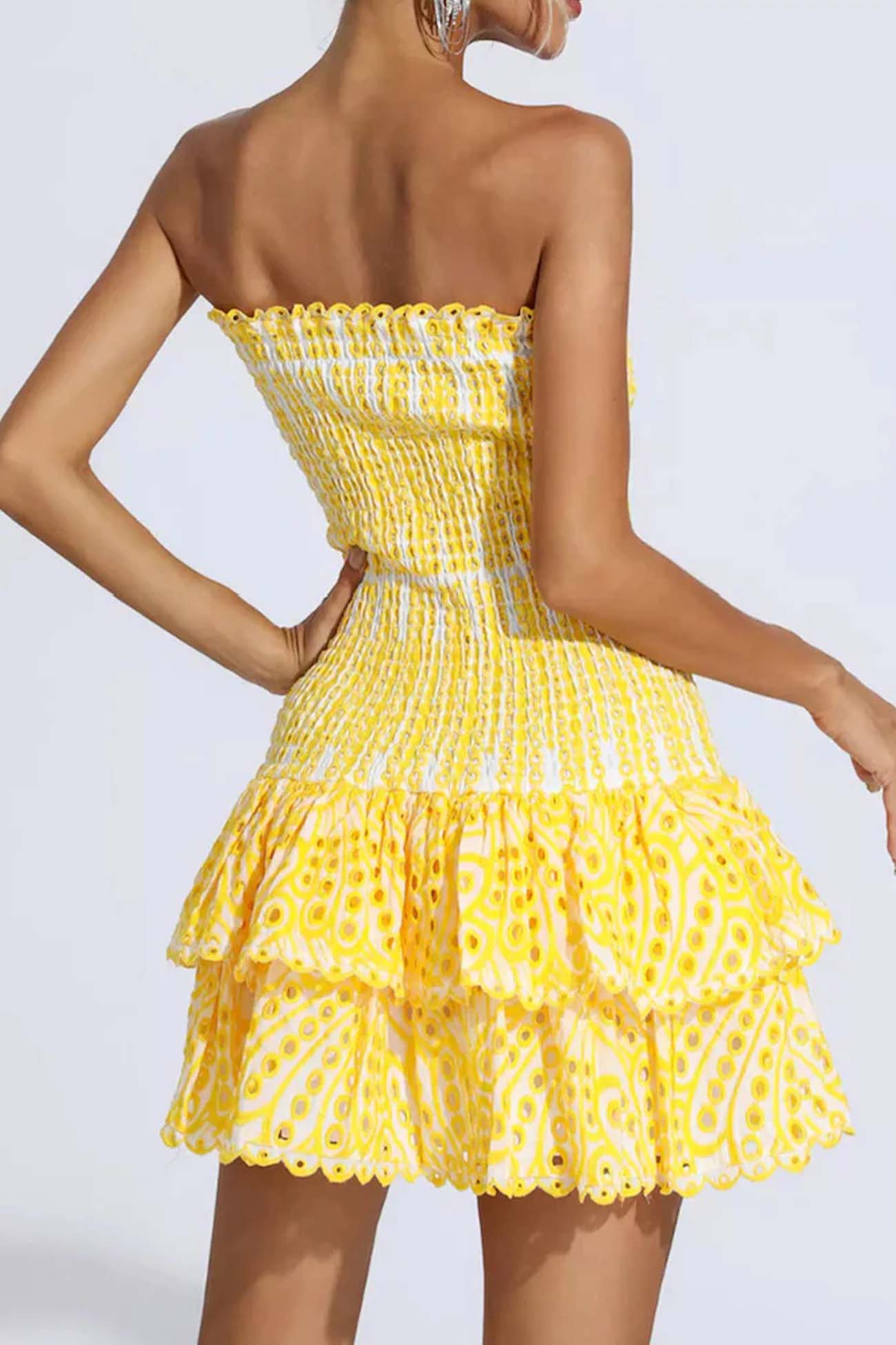Off-The-Shoulder Shirred Embroidery Tiered Dress
