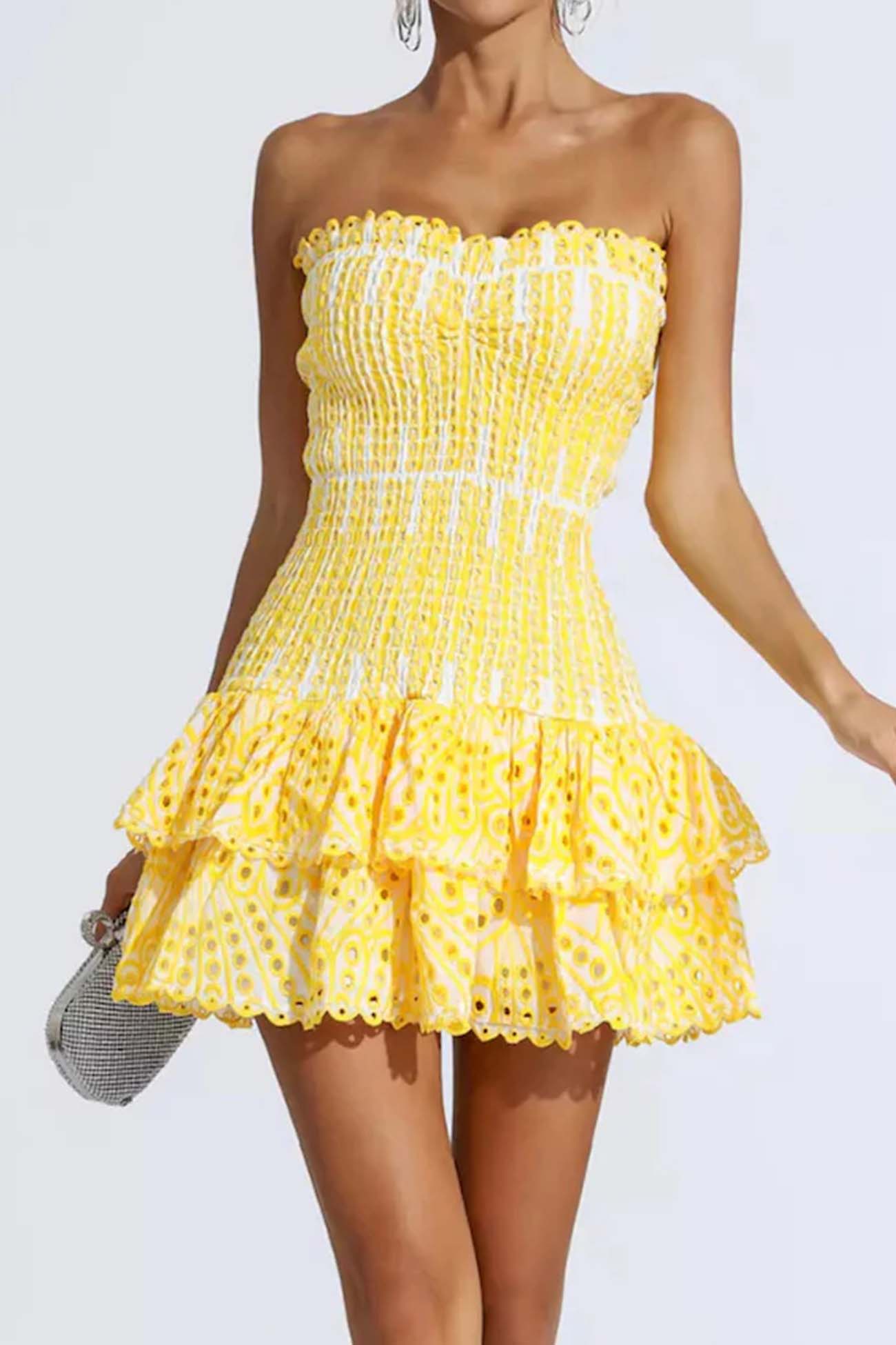 Off-The-Shoulder Shirred Embroidery Tiered Dress