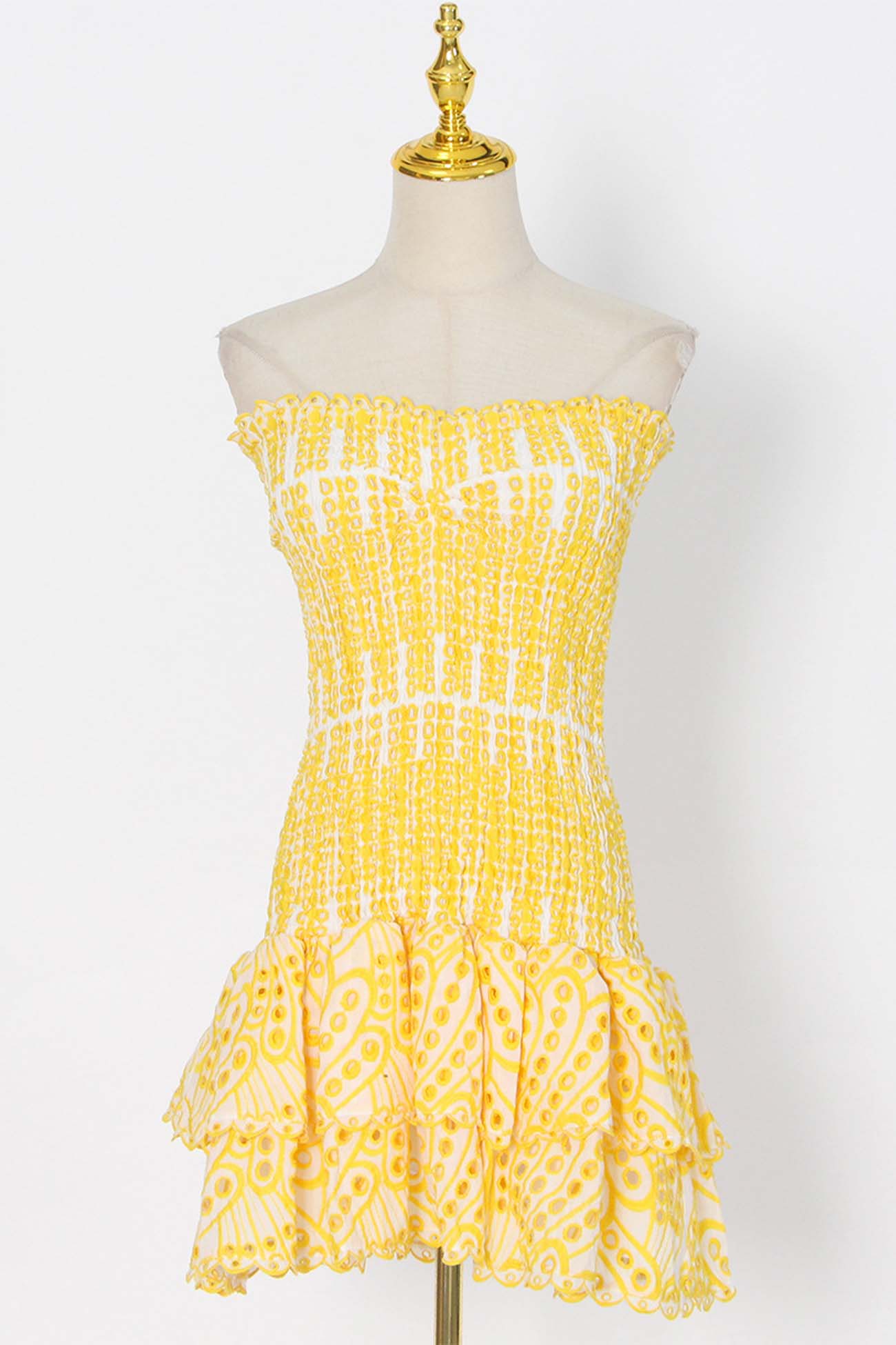 Off-The-Shoulder Shirred Embroidery Tiered Dress