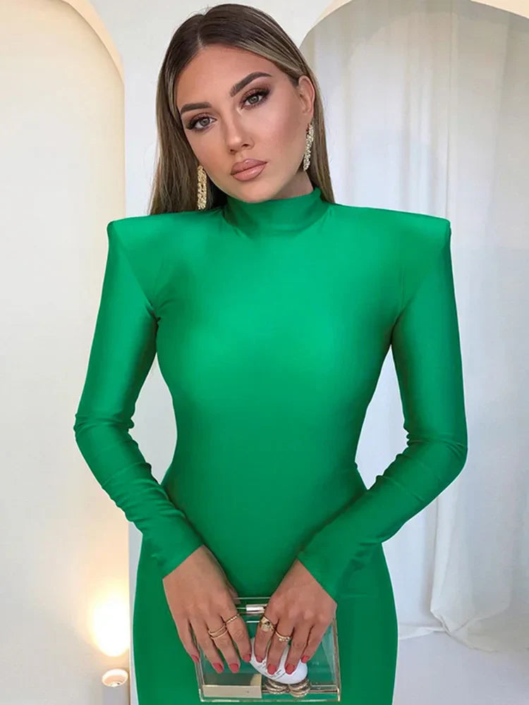Shoulder Padded Long Sleeve Green Club Sophisticated Clothes Midi Dresses