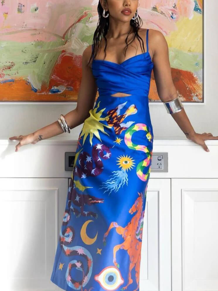 Summer Chic Satin Backless Printed Sleeveless Midi Dress