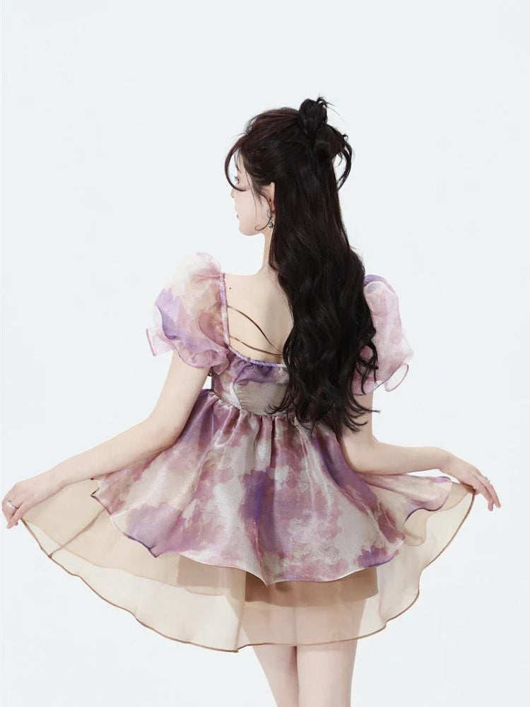 Smooth Girl Puff Sleeve Layered Mini Dress
