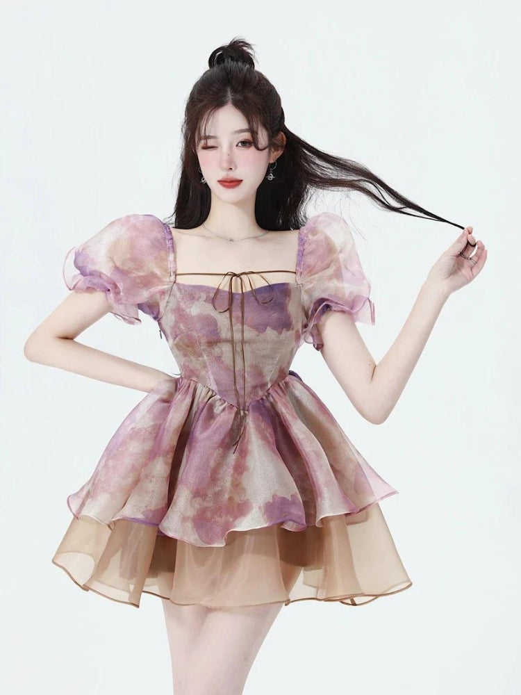 Smooth Girl Puff Sleeve Layered Mini Dress